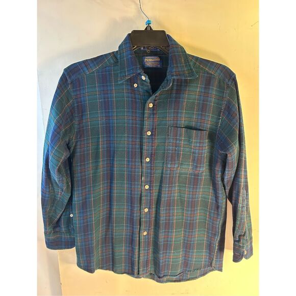 Sir Pendleton 100 virgin wool flannel medium m green plaid button down rn#29685 - Picture 2 of 8